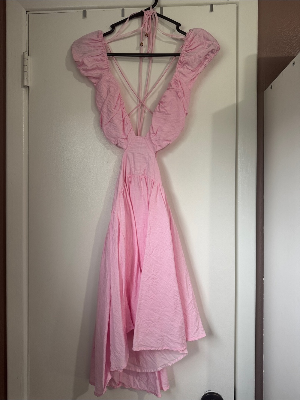 Women's Pink Backless Ruffle Midi Dress with Tie Straps